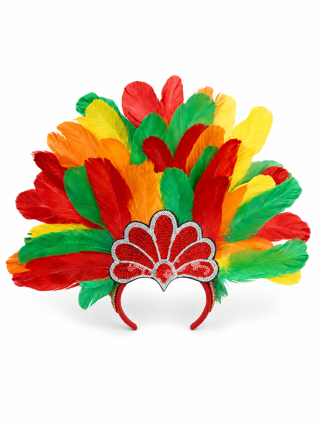 Front view of a multicolor feather headpiece with red, green, yellow, and orange feathers and a red beaded centerpiece