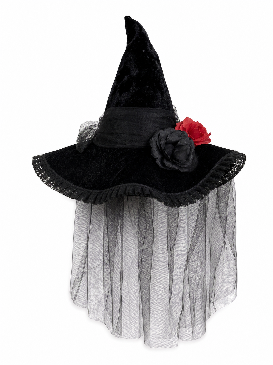 Black Halloween Witch Hat with Red Rose, Wide Brim, Tall Pointed Crown and Sheer Veil for Costume Parties and Photo Shoots