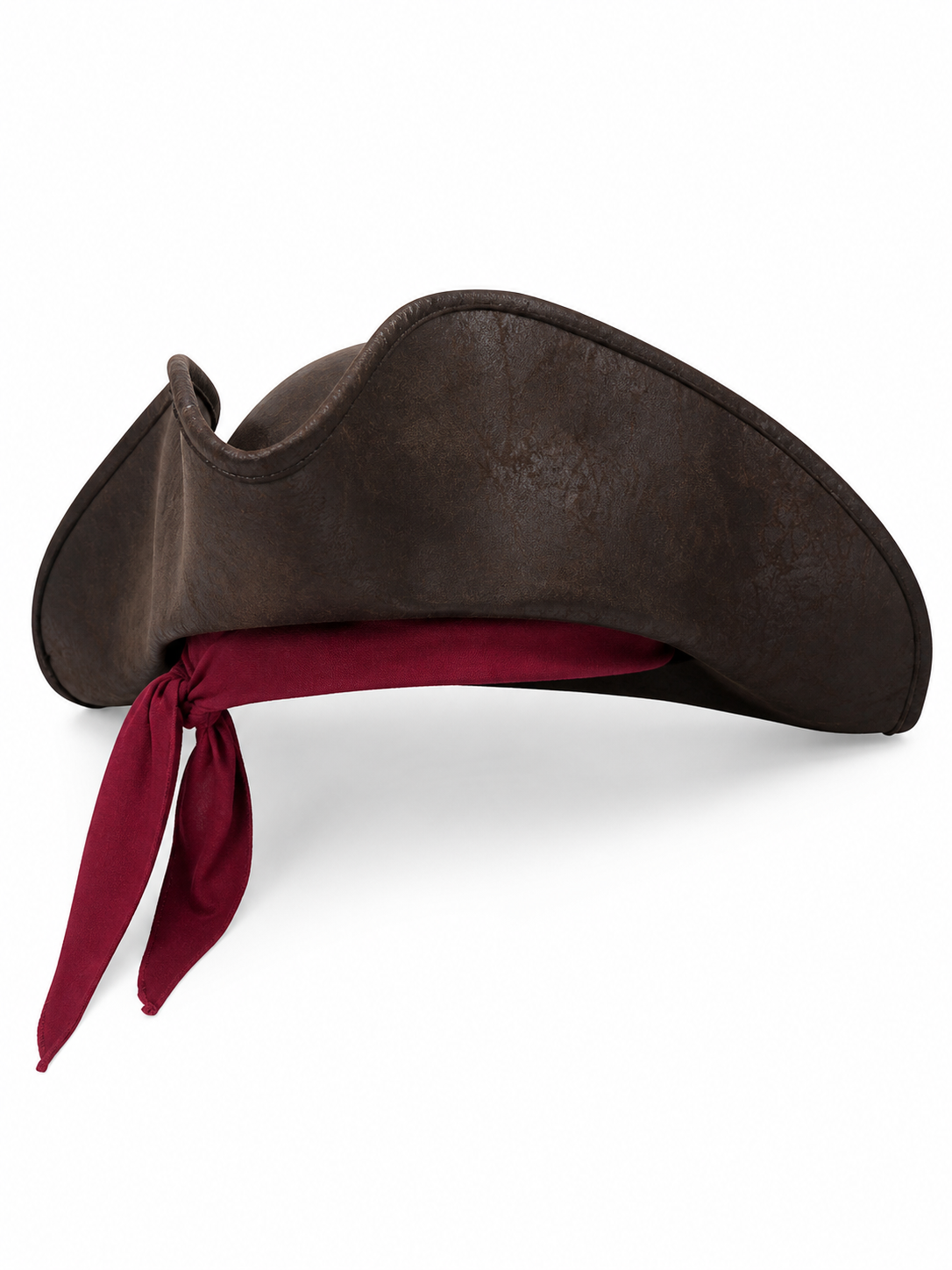 This carnival headpiece is made in a pirate style and is suitable for costume parties, themed events, Halloween, masquerades, stage looks, cosplay, and photo shoots. Its tricorn silhouette, raised curved brims, and dark brown textured surfa