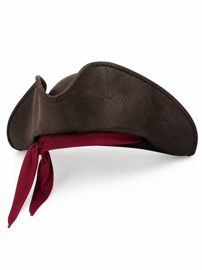 This carnival headpiece is made in a pirate style and is suitable for costume parties, themed events, Halloween, masquerades, stage looks, cosplay, and photo shoots. Its tricorn silhouette, raised curved brims, and dark brown textured surfa