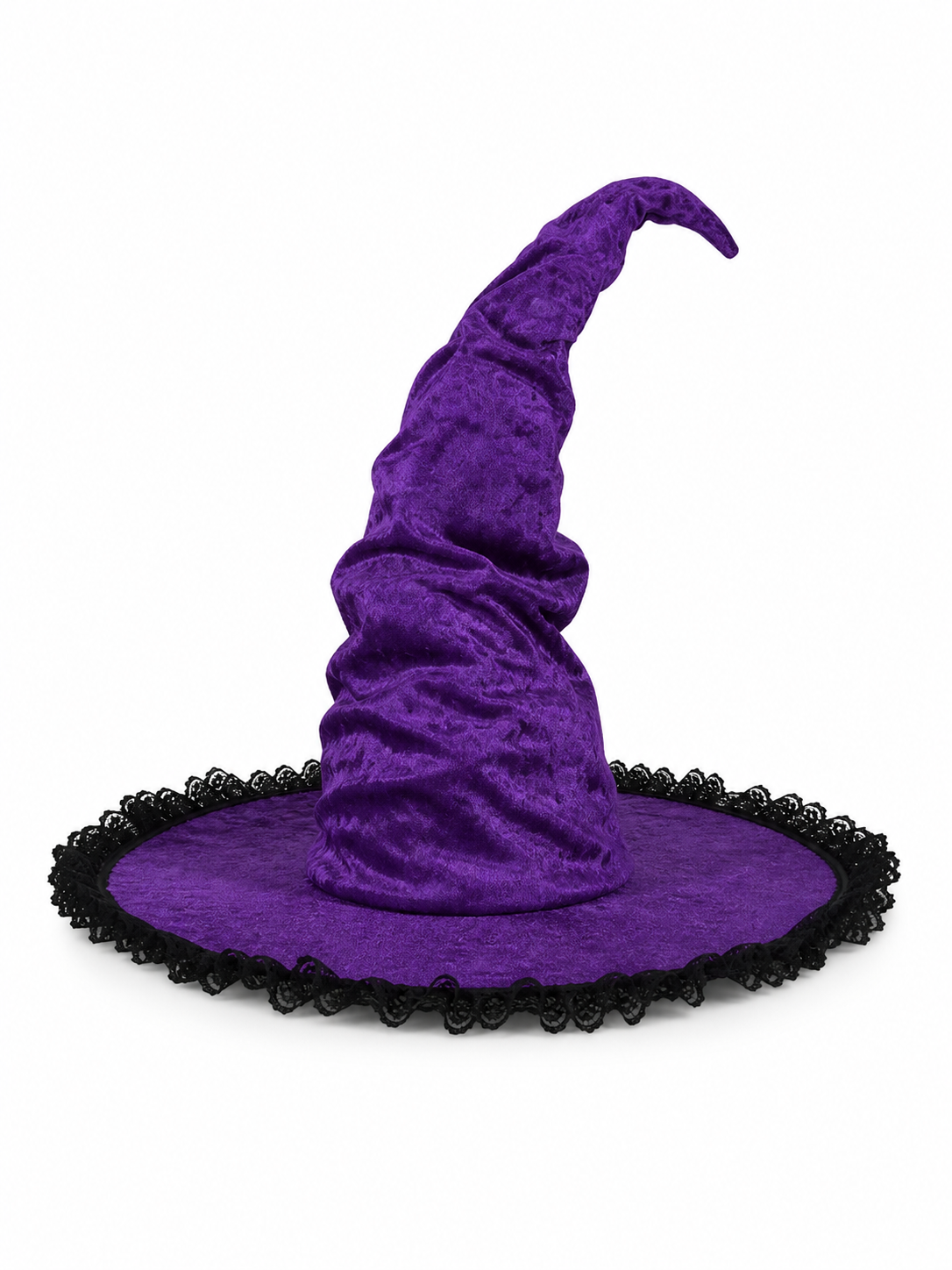 Purple Halloween Witch Hat Pointed Wide Brim Gothic Costume Accessory With Black Lace-Like Trim For Cosplay Themed Parties