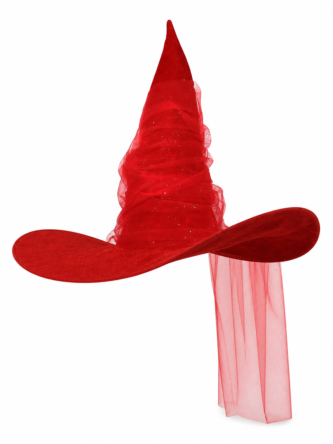 Red Halloween Witch Hat Tall Pointed Cone Wide Curved Brim Sheer Layered Glitter Speckled Costume Accessory for Parties and Photography