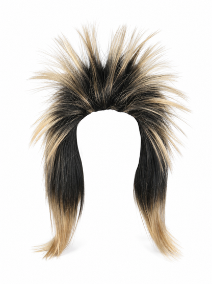Costume wig with black and blonde spiky fibers and long straight side sections, displayed alone against a white background 2