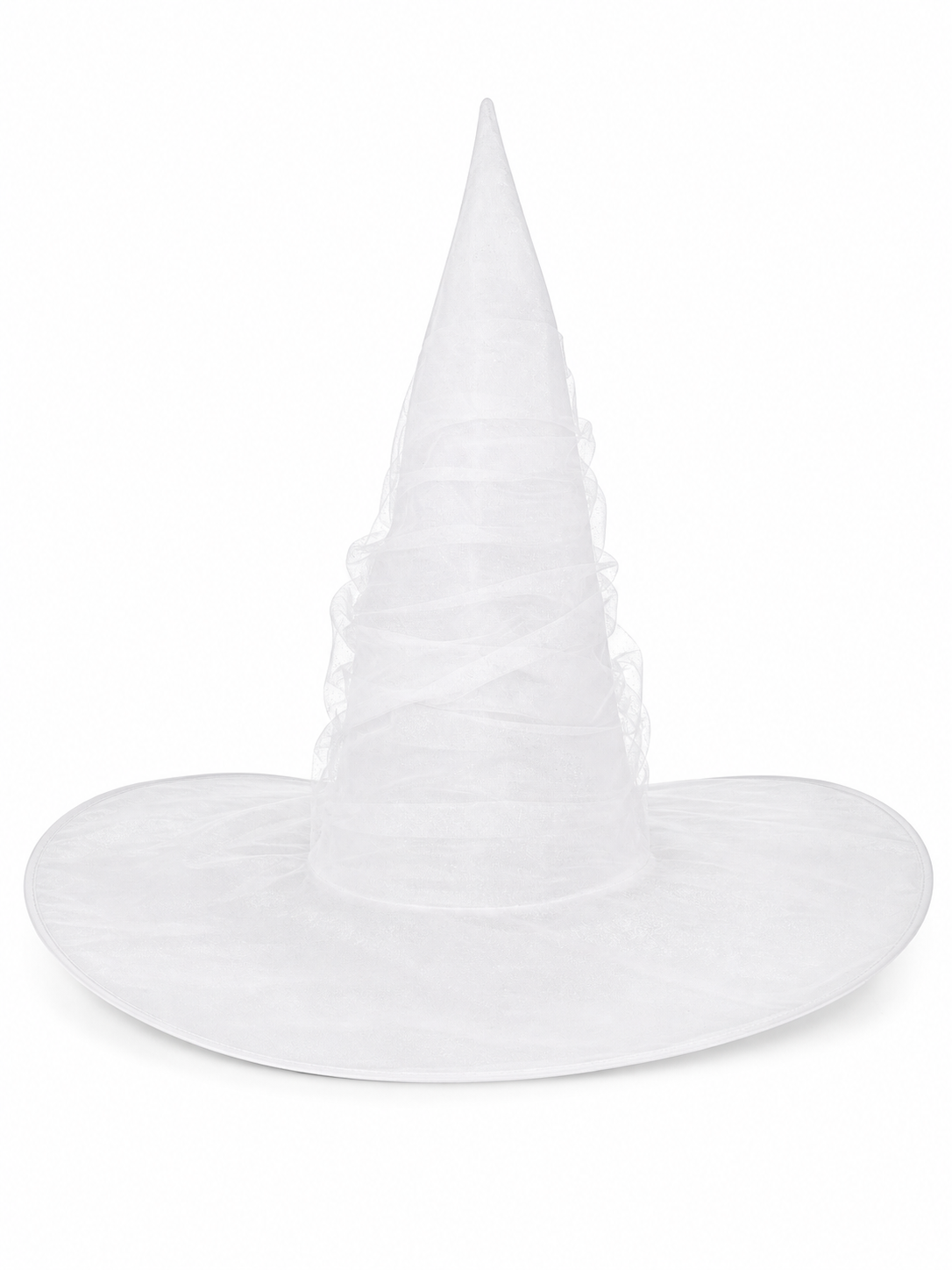 White Halloween Witch Hat With Attached Sheer Veil, Tall Curved Pointed Crown And Wide Floppy Brim For Cosplay Costume Party