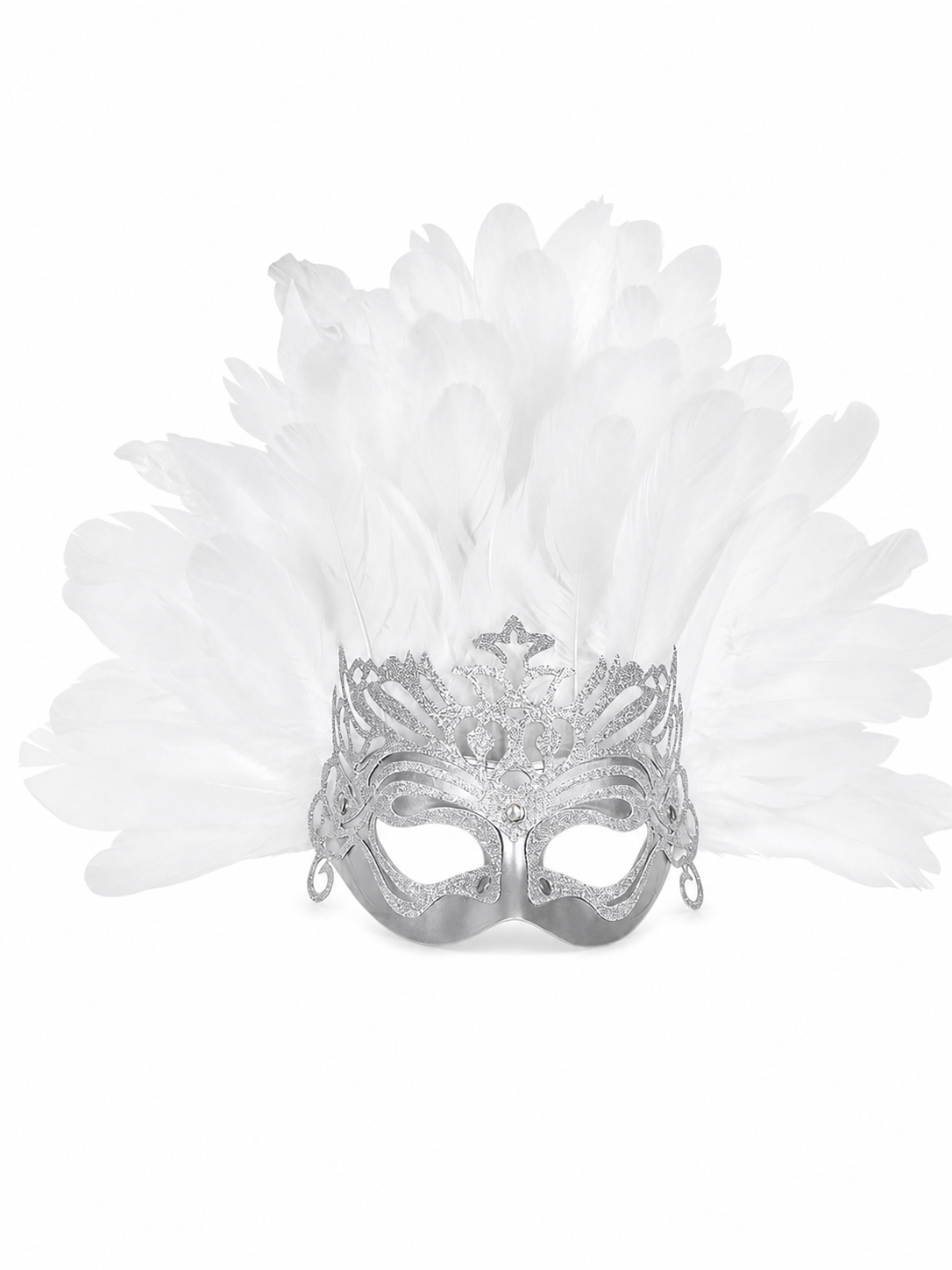 Silver eye mask with a wide arrangement of white feathers displayed on a white background
