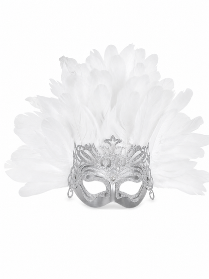 Silver eye mask with a wide arrangement of white feathers displayed on a white background