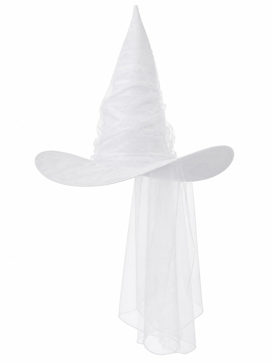 White Halloween Witch Hat With Attached Sheer Veil, Tall Curved Pointed Crown And Wide Floppy Brim For Cosplay Costume Party
