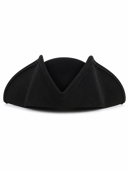 Children's Pirate Hat, Black Wide-Brim Tricorn Style Costume Hat with Turned-Up Sides, Pointed Crown Sections and Stitched Edging for Dress-Up Play and Costume Parties