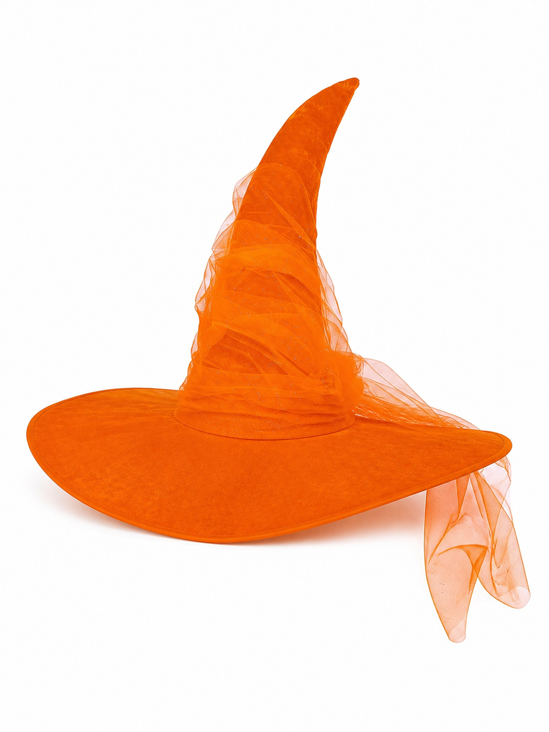 Orange Halloween Witch Hat, Tall Curved Pointed Crown, Wide Floppy Brim, Sheer Mesh Draping, Costume Accessory for Parties