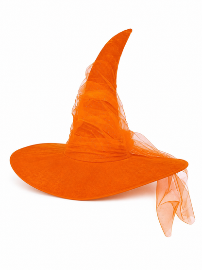 Orange Halloween Witch Hat, Tall Curved Pointed Crown, Wide Floppy Brim, Sheer Mesh Draping, Costume Accessory for Parties