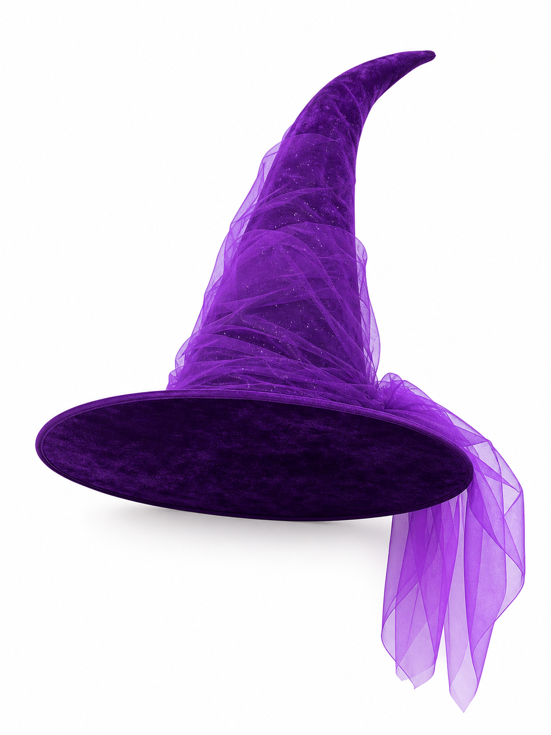 1pc Purple Halloween Witch Hat Wide Brim Crooked Pointed Crown With Sheer Mesh Veil Glitter Detail Costume Accessory