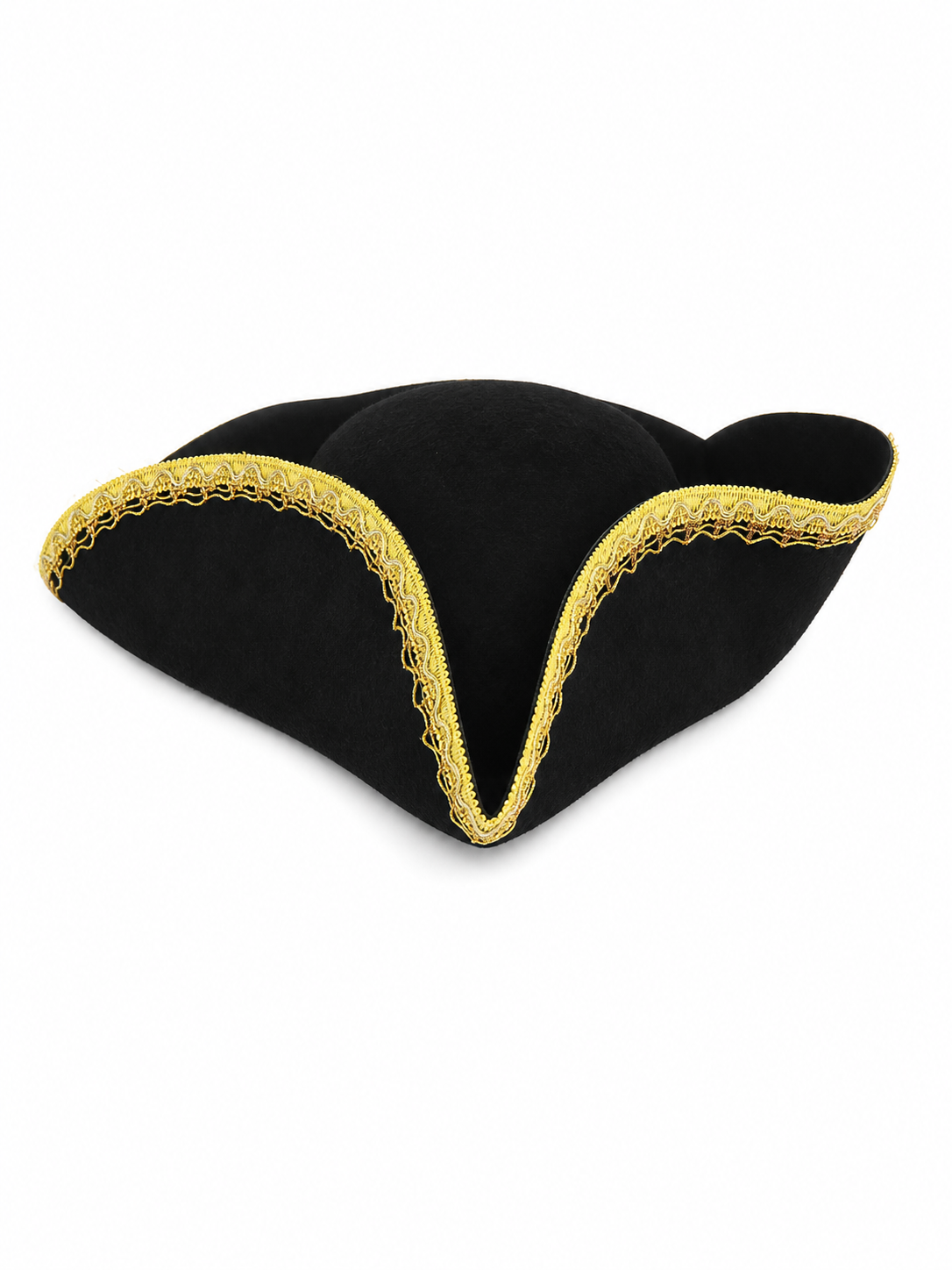 Black and Gold Trim Pirate Hat, Wide Curved Tricorn Costume Headpiece with Structured Crown for Cosplay, Costume Parties and Themed Events