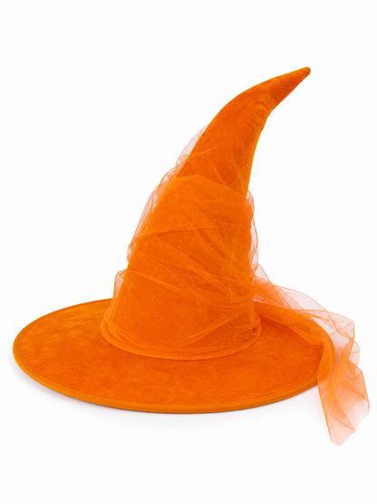 Orange Halloween Witch Hat with Very Tall Curved Pointed Crown, Wide Wavy Brim and Attached Sheer Veil for Costume Parties