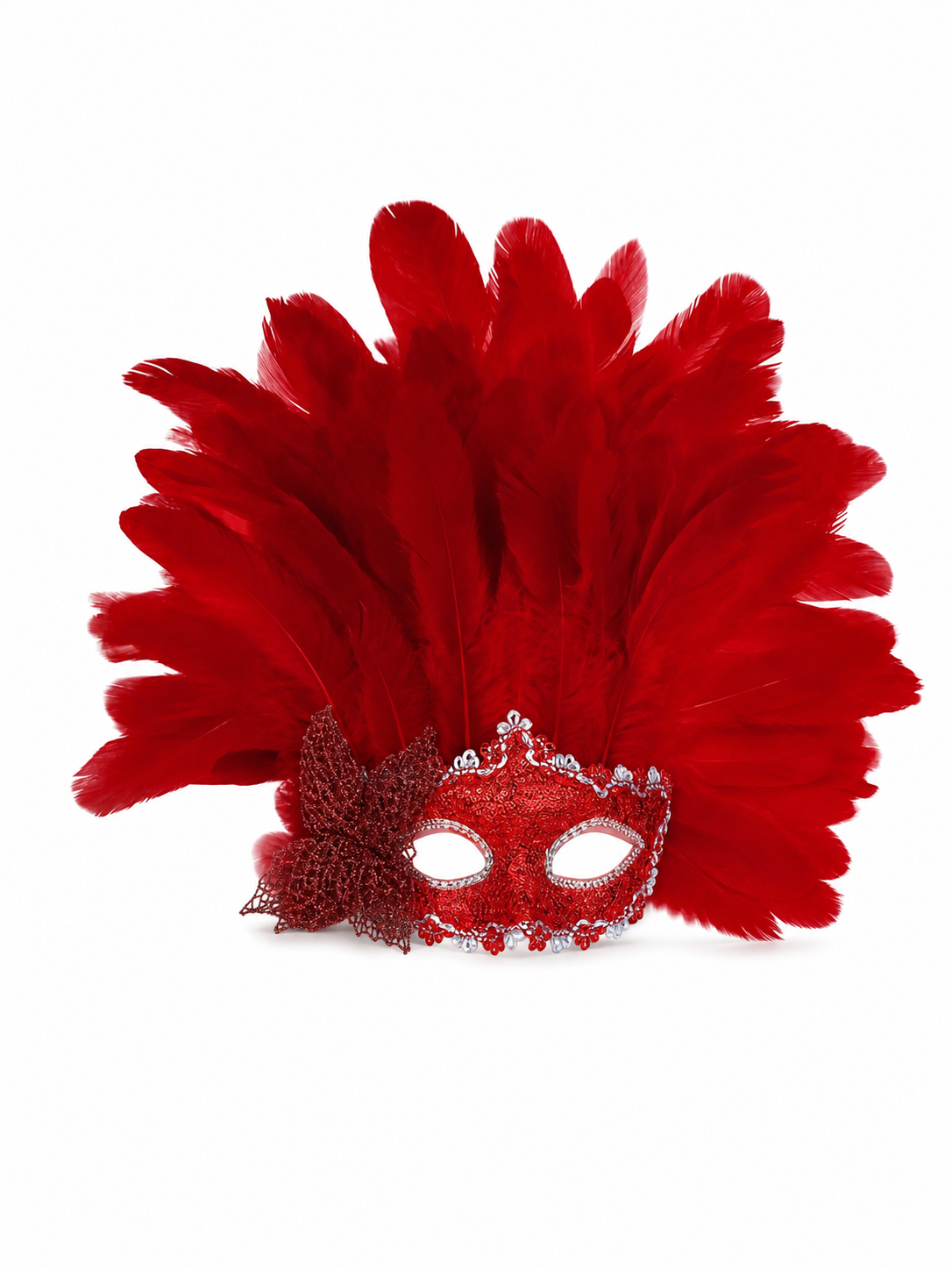Red feather masquerade mask shown at an angled view on white, with layered plumes, a glittered red eye covering, and side bow