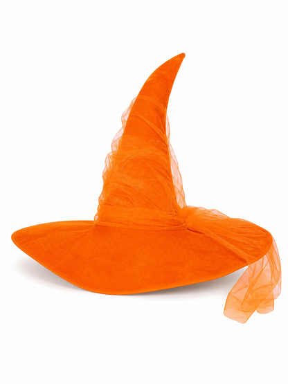 Orange Halloween Witch Hat, Tall Curved Pointed Crown, Wide Floppy Brim, Sheer Mesh Draping, Costume Accessory for Parties