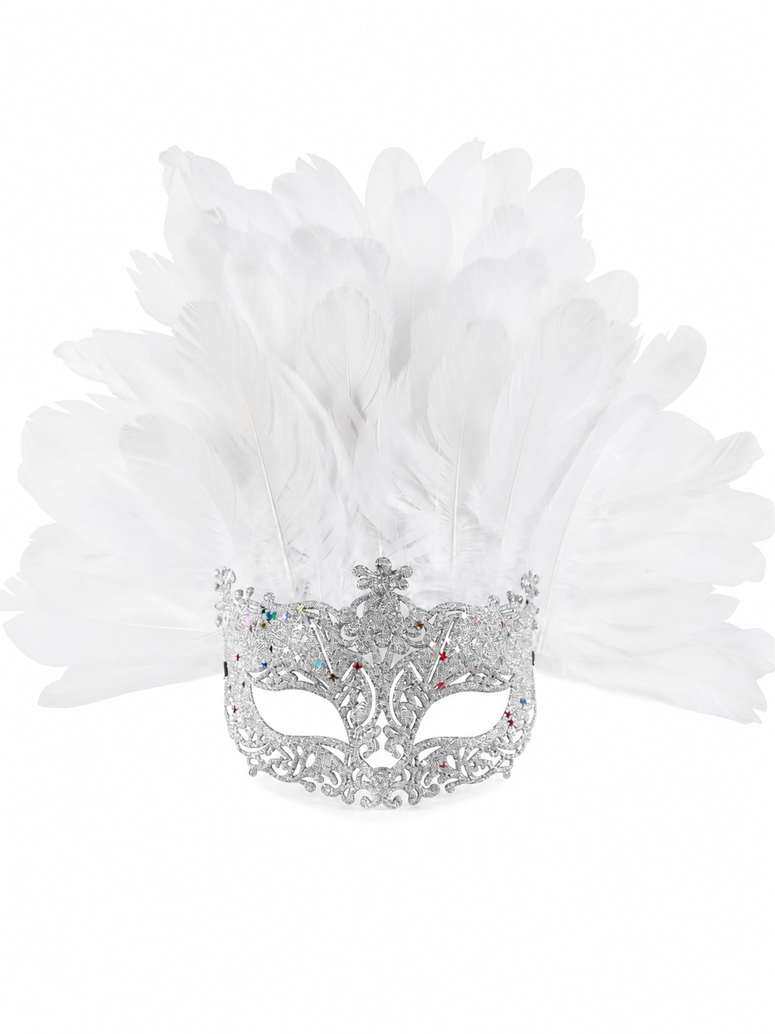 Masquerade Mask with White Feathers and Glitter