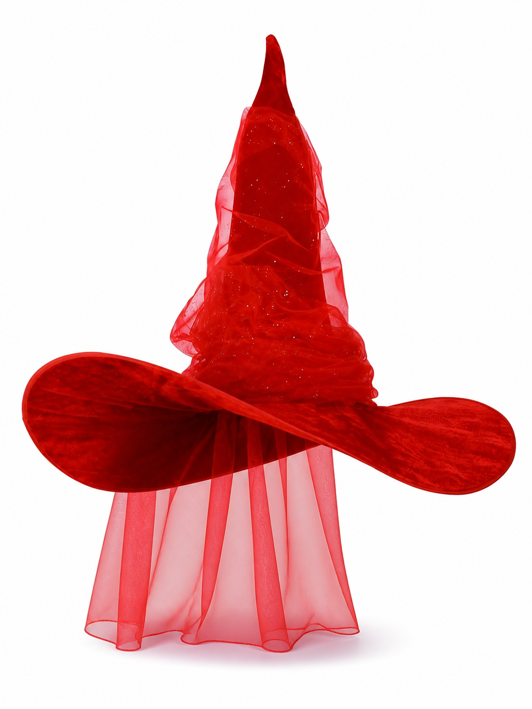 1pc Red Halloween Witch Hat with Very Tall Pointed Crown, Extra-Wide Floppy Brim and Sheer Glitter-Speckled Overlay for Cosplay Parties