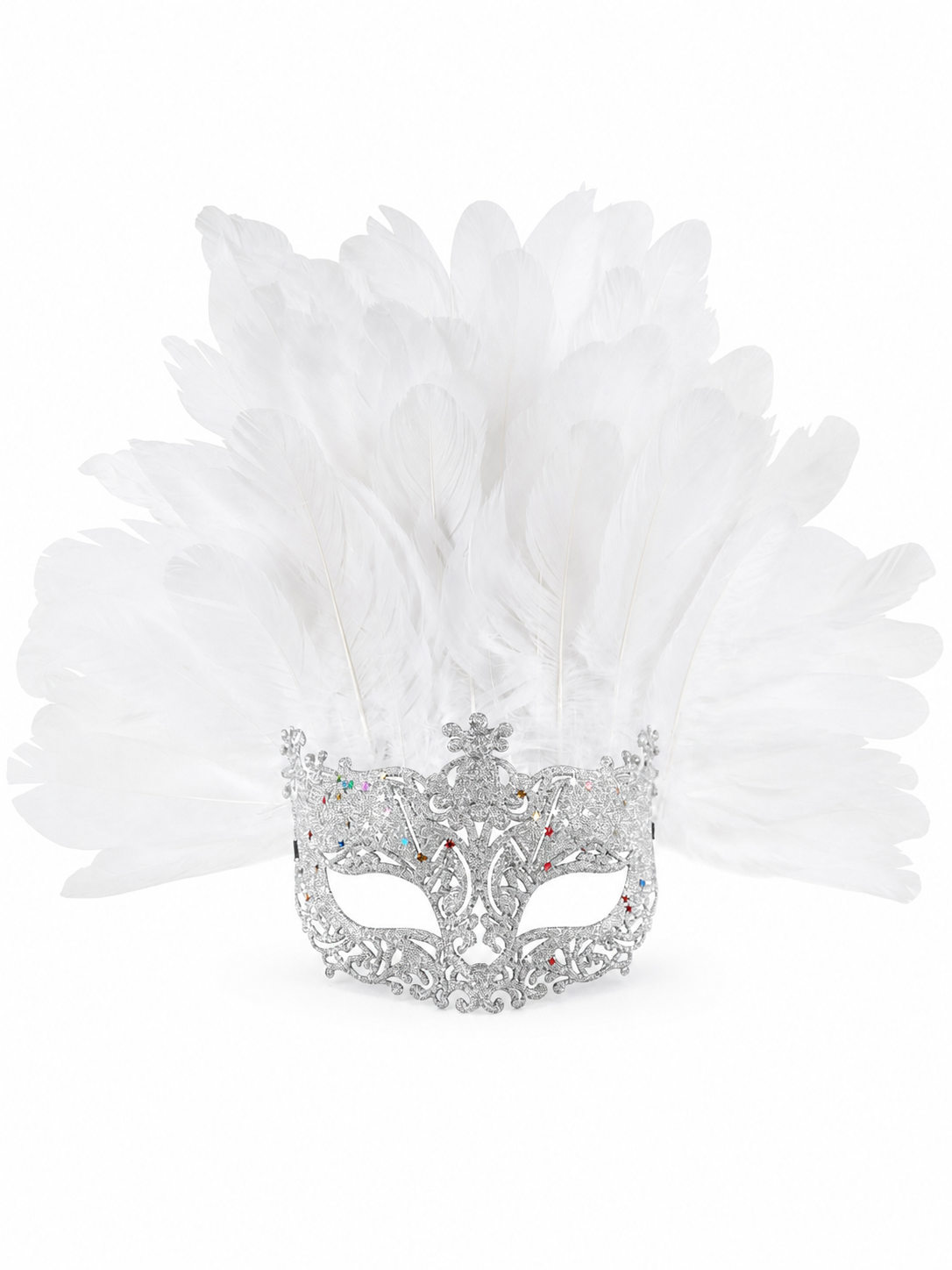 White feather masquerade mask shown worn by a model in a close-up party portrait with warm lights in the background
