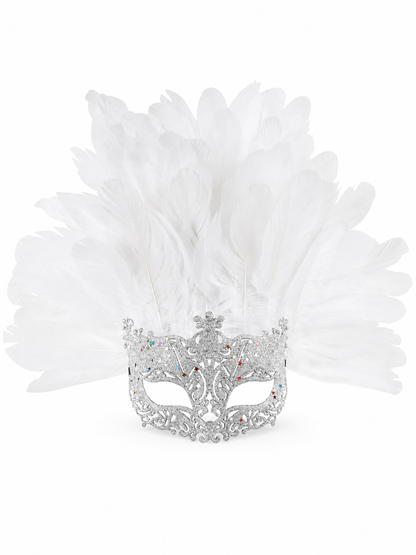White feather masquerade mask shown worn by a model in a close-up party portrait with warm lights in the background