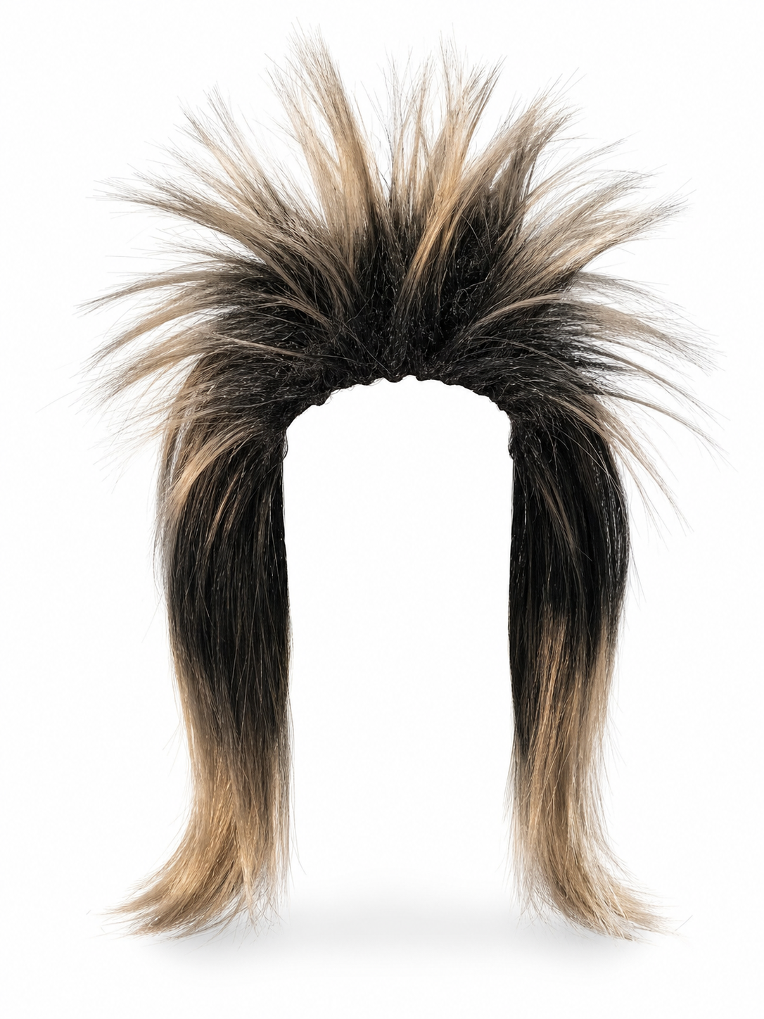 Costume wig with black and blonde spiky fibers and long straight side sections, displayed alone against a white background 3