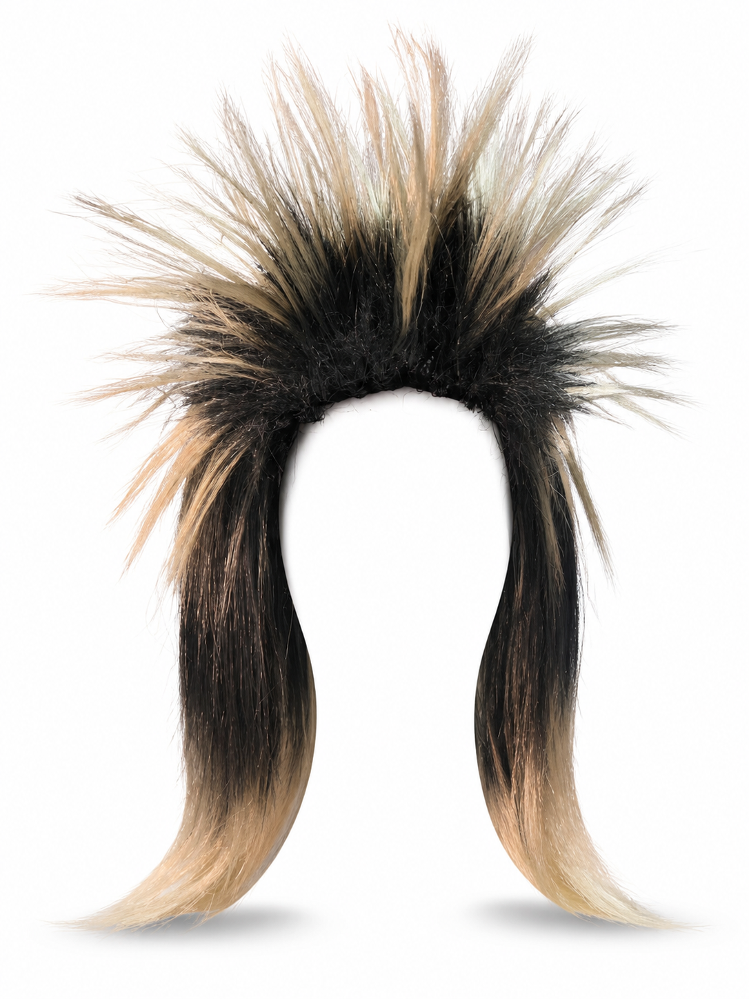 Costume wig with black and blonde spiky fibers and long tapered side sections, displayed alone against a white background 3