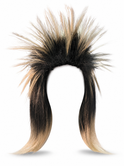 Costume wig with black and blonde spiky fibers and long tapered side sections, displayed alone against a white background 3