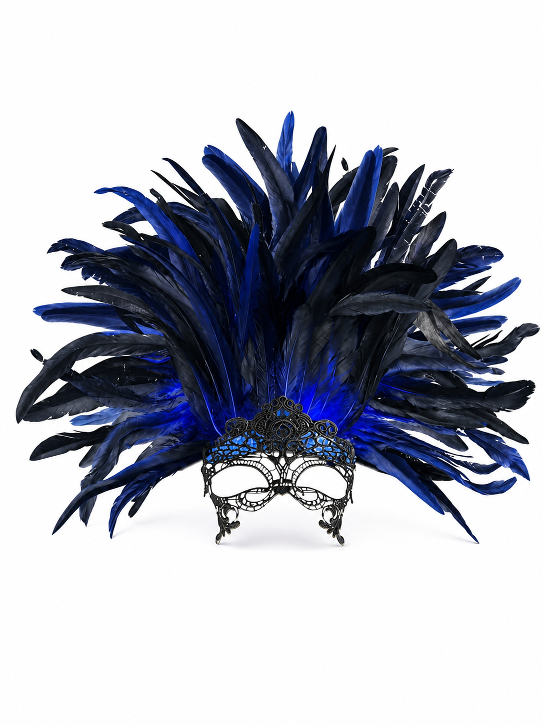 Carnival Headpiece with Blue-and-Black Feathers and Mask