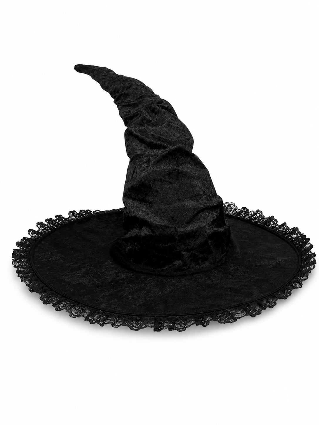 Black Halloween Witch Hat with Tall Crooked Pointed Crown, Wide Brim, Ruched Textured Velvet-Like Fabric and Lace Trim Gothic Costume Accessory for Cosplay Party Photo Shoot