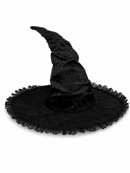 Black Halloween Witch Hat with Tall Crooked Pointed Crown, Wide Brim, Ruched Textured Velvet-Like Fabric and Lace Trim Gothic Costume Accessory for Cosplay Party Photo Shoot