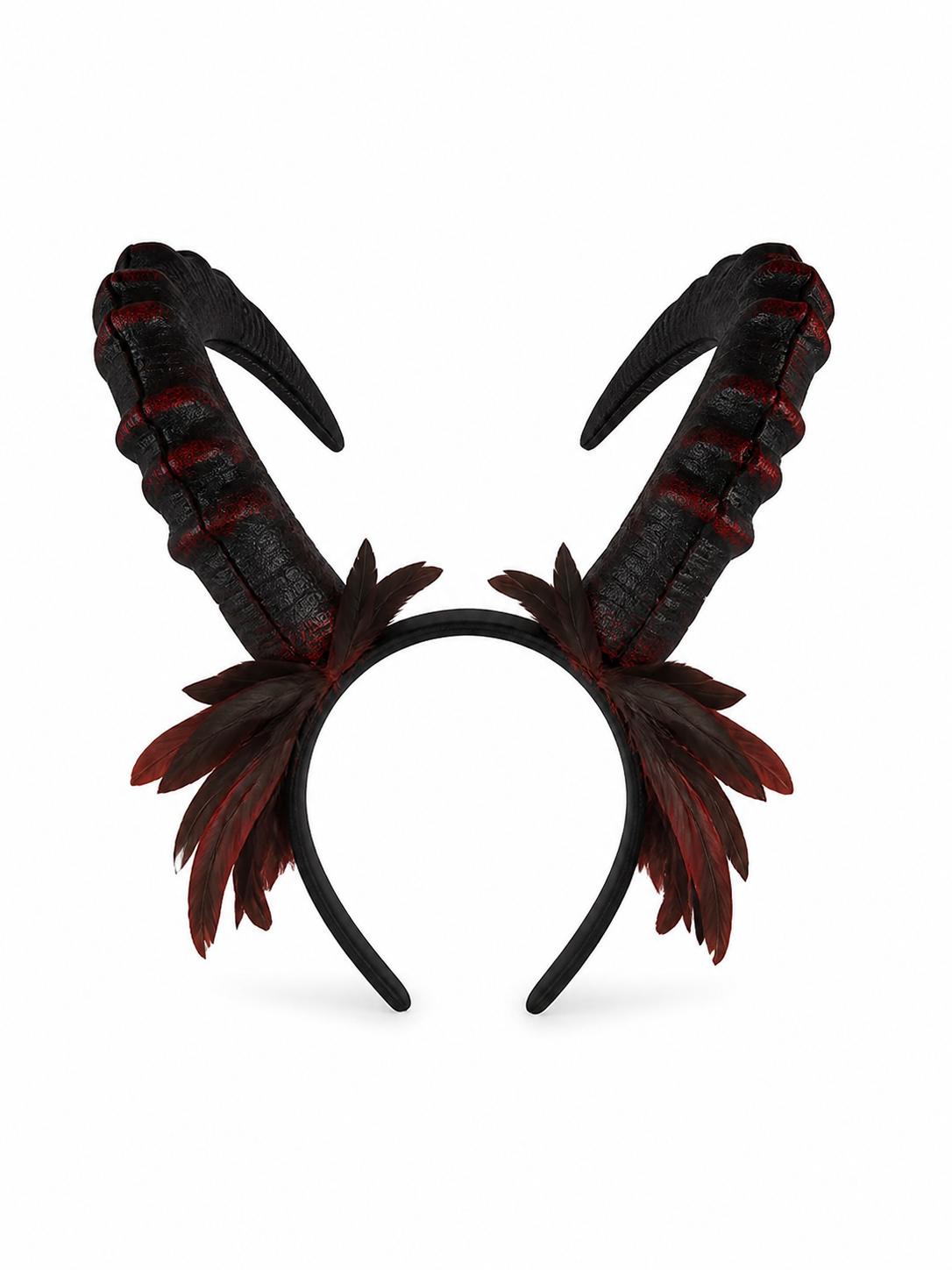 Horned headband shown alone on a white background, with two black textured horns, red accents, and side feathers