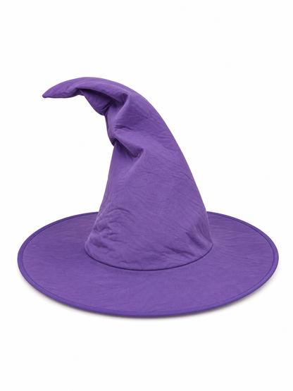 Purple pointed witch hat displayed alone against a white background, with a wide brim and bent top