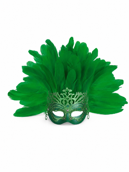 Carnival Mask with Green Feathers and Glitter