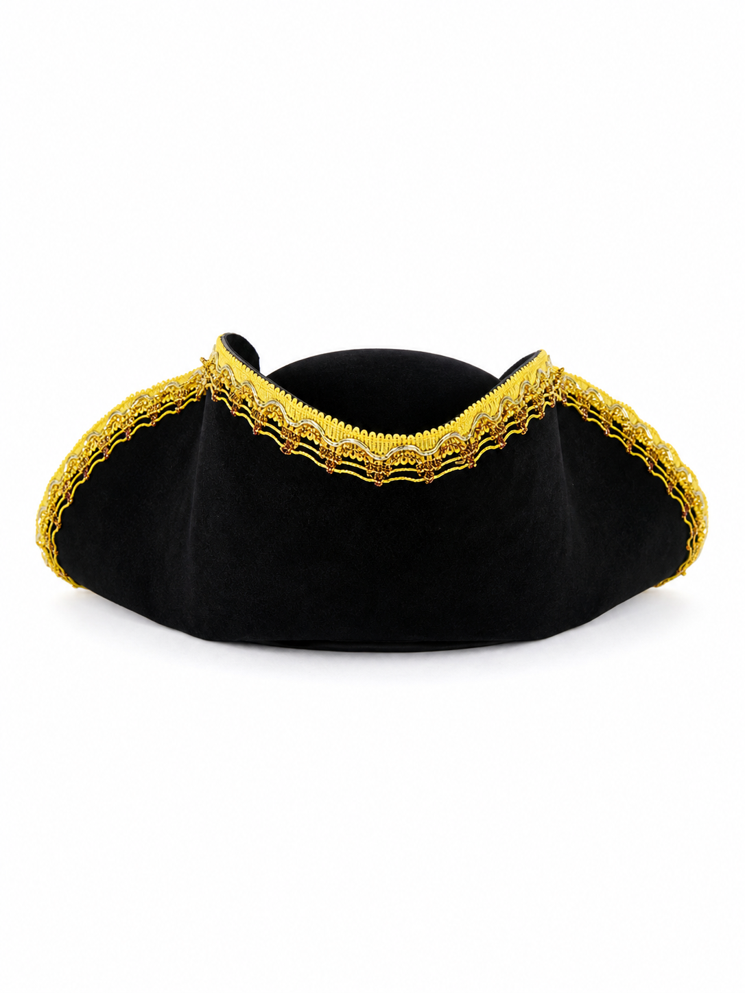 Children's black pirate tricorn hat with decorative gold trim for costume play and themed events