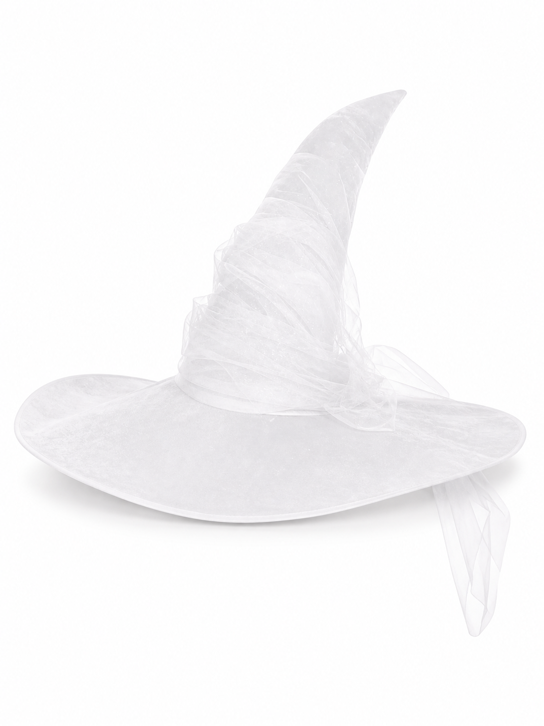 White Halloween Witch Hat With Wide Floppy Brim, Sheer Layered Fabric, Curved Pointed Crown And Trailing Veil For Cosplay Costume Party