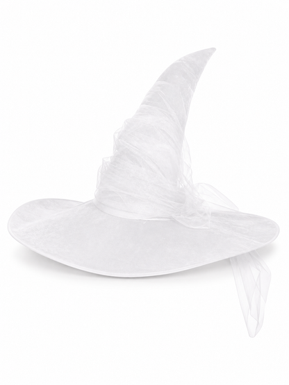 White Halloween Witch Hat With Wide Floppy Brim, Sheer Layered Fabric, Curved Pointed Crown And Trailing Veil For Cosplay Costume Party