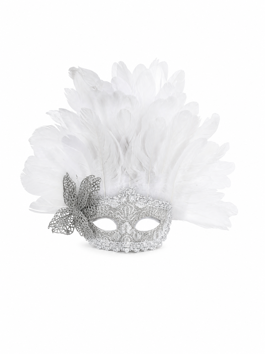 Carnival mask with white feathers and embellishments
