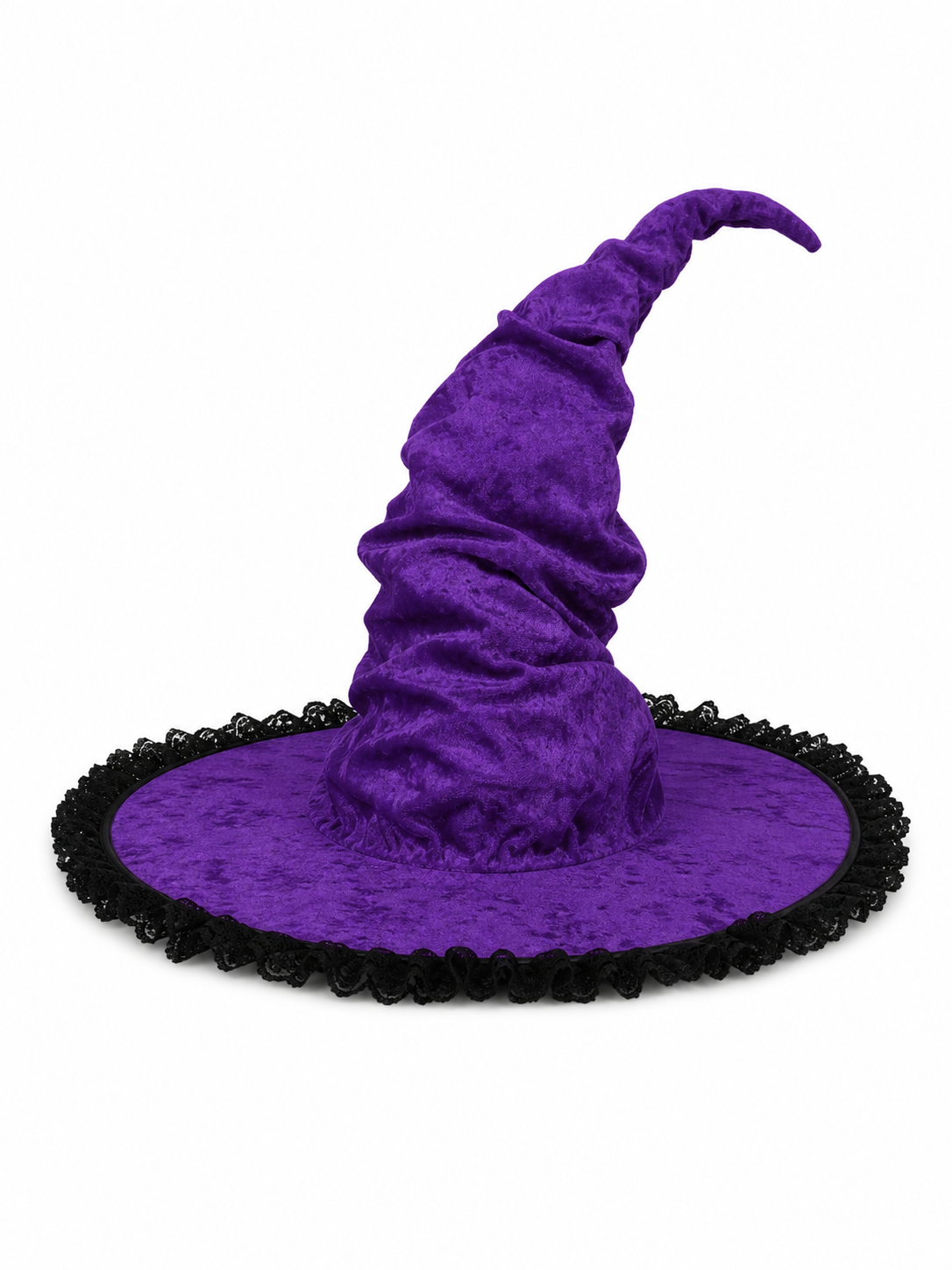 Halloween Witch Hat, Tall Curved Pointed Crown, Wide Irregular Brim, Deep Purple Gothic Style with Black Trim for Cosplay and Themed Parties