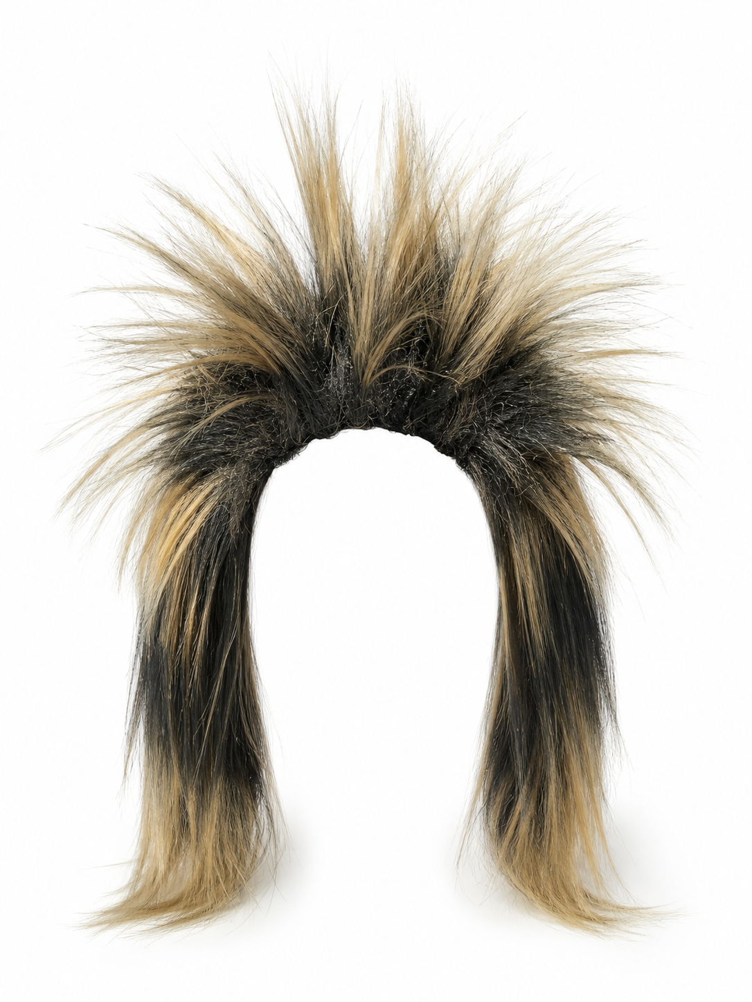 Costume wig with black and blonde spiky fibers and long straight side sections, displayed alone against a white background 4