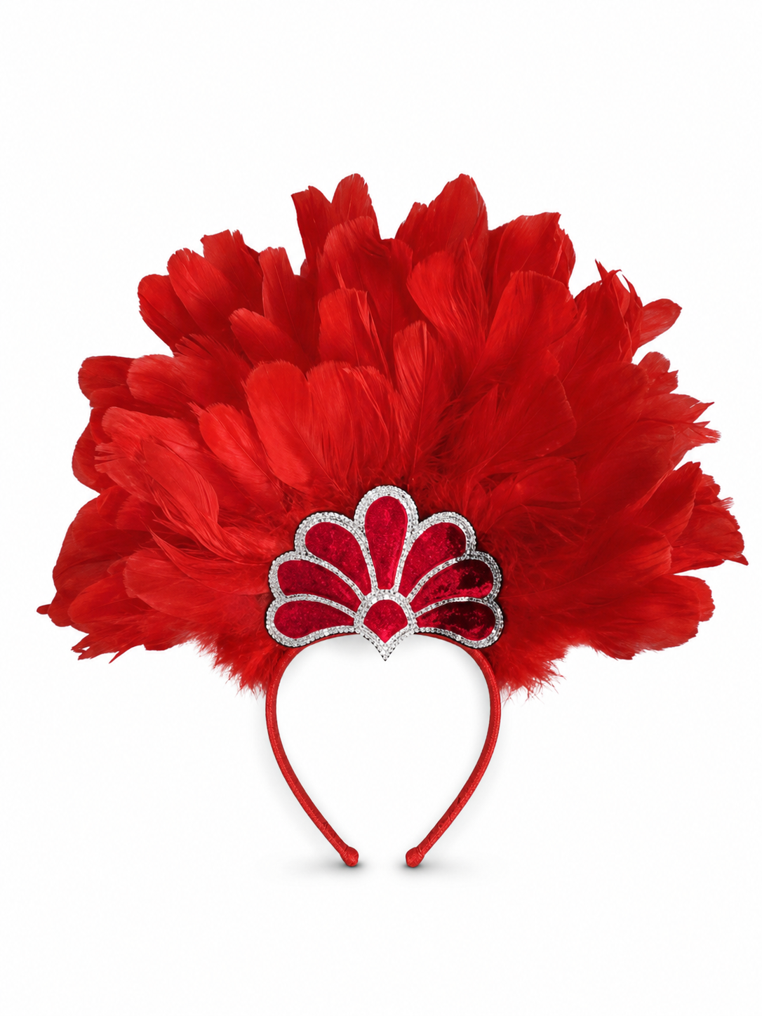 Red feather headband with a silver-trimmed fan decoration, displayed front-facing against a white background 3