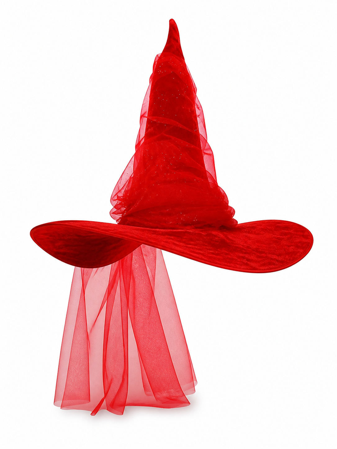 1pc Red Halloween Witch Hat with Very Tall Pointed Crown, Extra-Wide Floppy Brim and Sheer Glitter-Speckled Overlay for Cosplay Parties