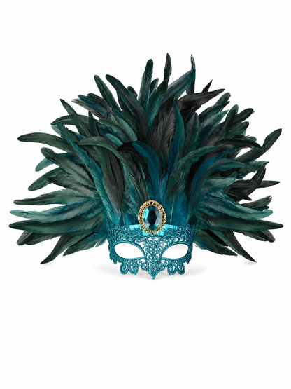 Carnival headpiece with feathers and a mask