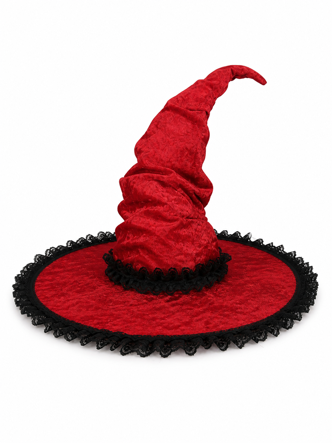 Red and Black Wide Brim Witch Hat, Tall Curved Pointed Top with Black Lace Trim