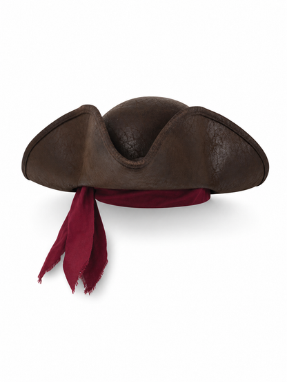 This carnival headpiece is made in a pirate style and is suitable for costume parties, themed events, Halloween, masquerades, stage looks, cosplay, and photo shoots. Its tricorn silhouette, raised curved brims, and dark brown textured surfa