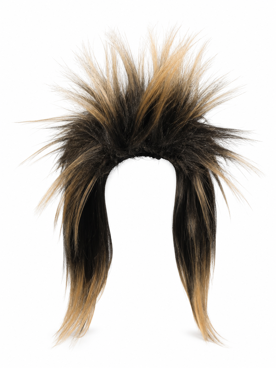 Costume wig with black and blonde spiky fibers and long tapered side sections, displayed alone against a white background 4