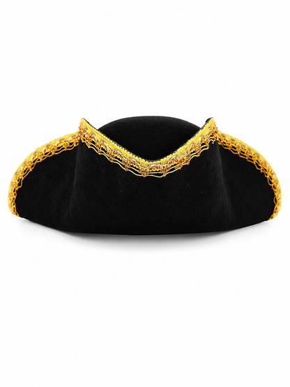 1pc Theatrical Pirate Tricorn Hat, Black Three-Cornered Style with Ornate Gold Trim and Wide Curved Brim for Costume Parties and Themed Events