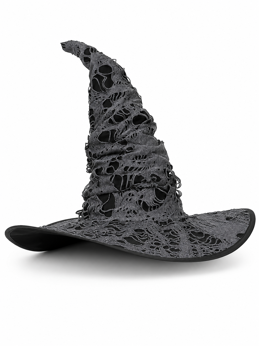 Gray Black Halloween Witch Hat For Women Wide Brim Curved Pointed Tattered Torn