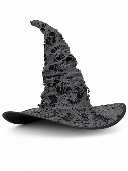 Gray Black Halloween Witch Hat For Women Wide Brim Curved Pointed Tattered Torn