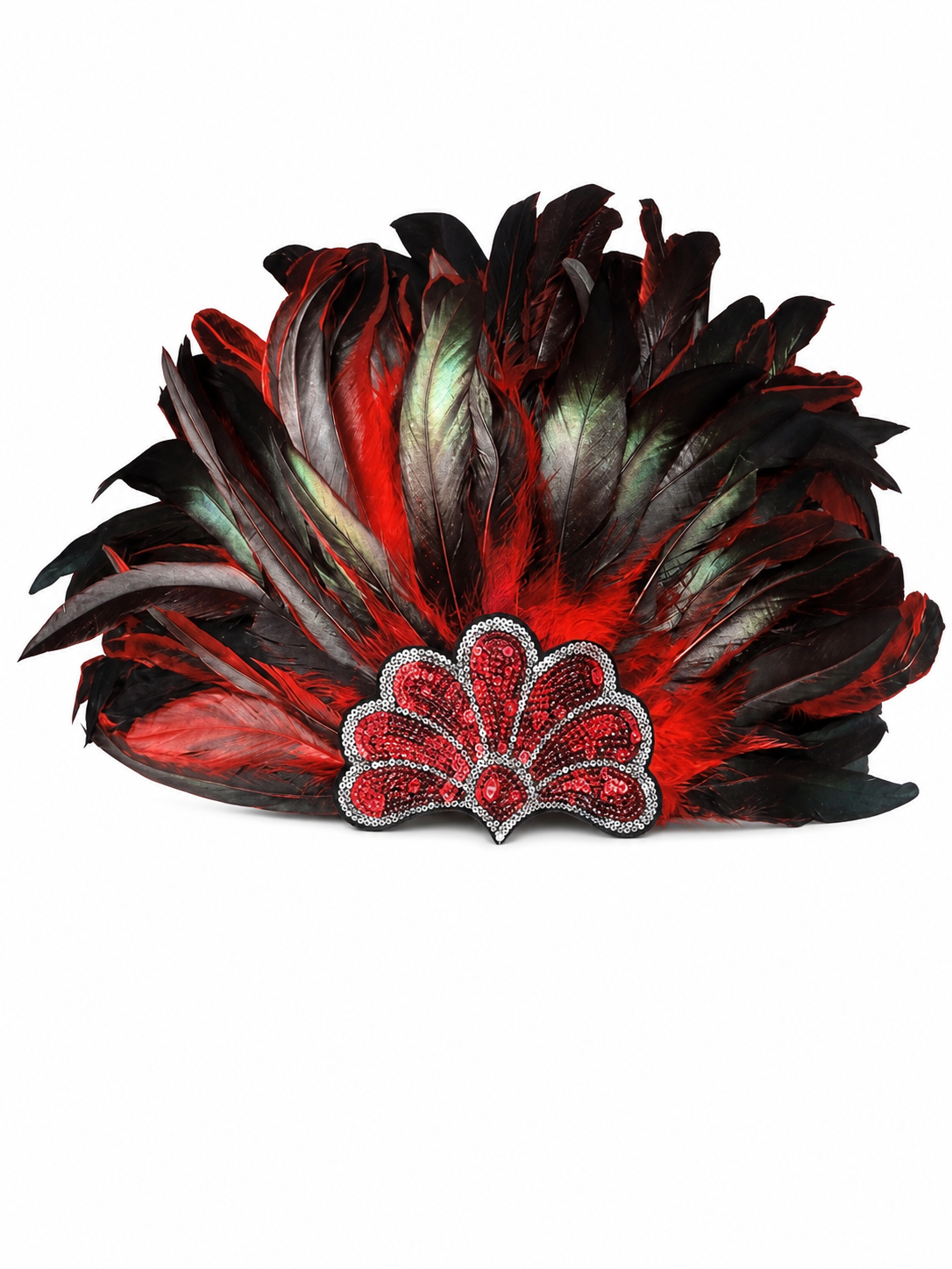 Red and black feathered headpiece shown laid flat on white, with layered plumes and a jeweled red centerpiece