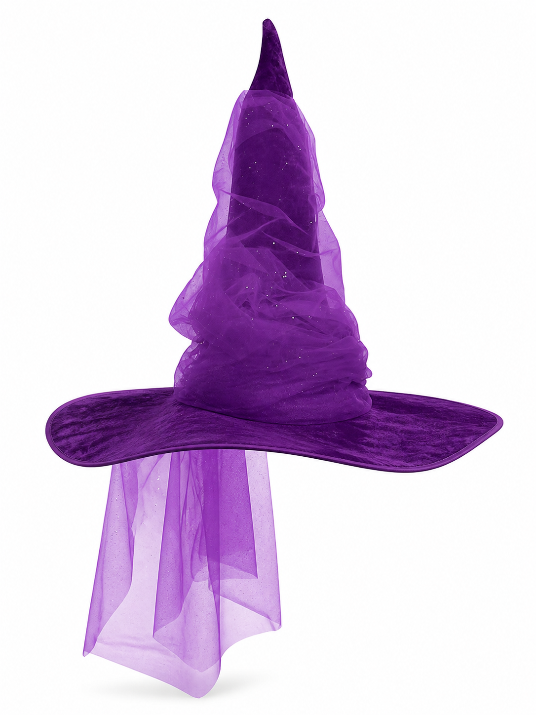 Purple Halloween Witch Hat for Women and Men, Tall Pointed Wide Floppy Brim with Layered Sheer Mesh Draping and Glitter-Like Specks for Cosplay Costume Party