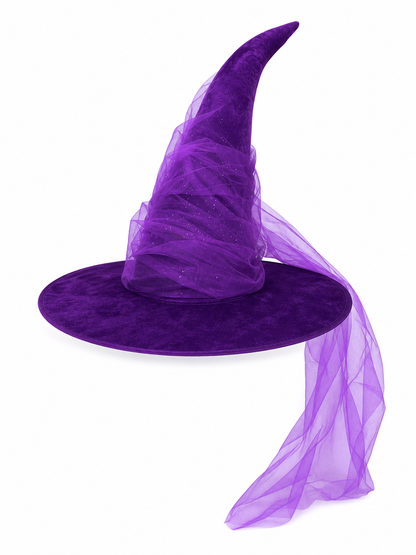 1pc Purple Halloween Witch Hat Wide Brim Crooked Pointed Crown With Sheer Mesh Veil Glitter Detail Costume Accessory